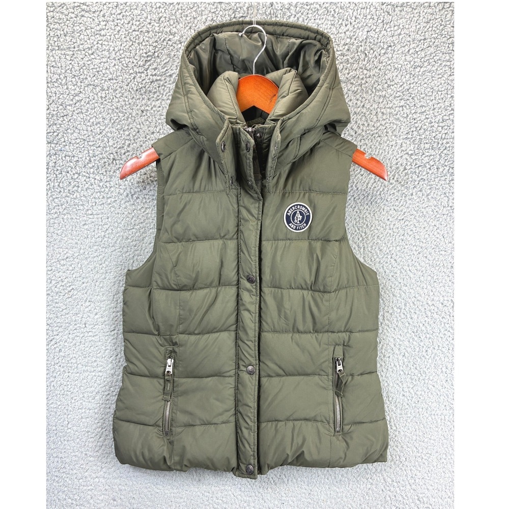 Abercrombie & Fitch Puffer Vest Womens L Green Hooded Quilted Winter Warm
